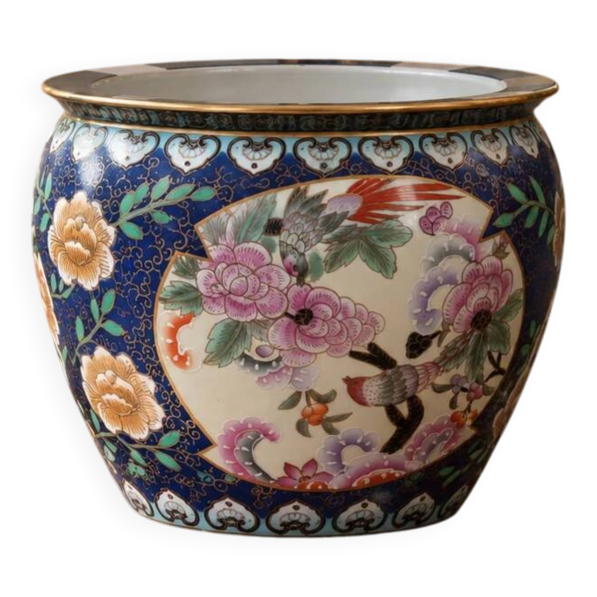 Large Chinese cache-pot in polychrome porcelain – flowers and birds – Ø33 cm