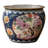 Large Chinese cache-pot in polychrome porcelain – flowers and birds – Ø33 cm