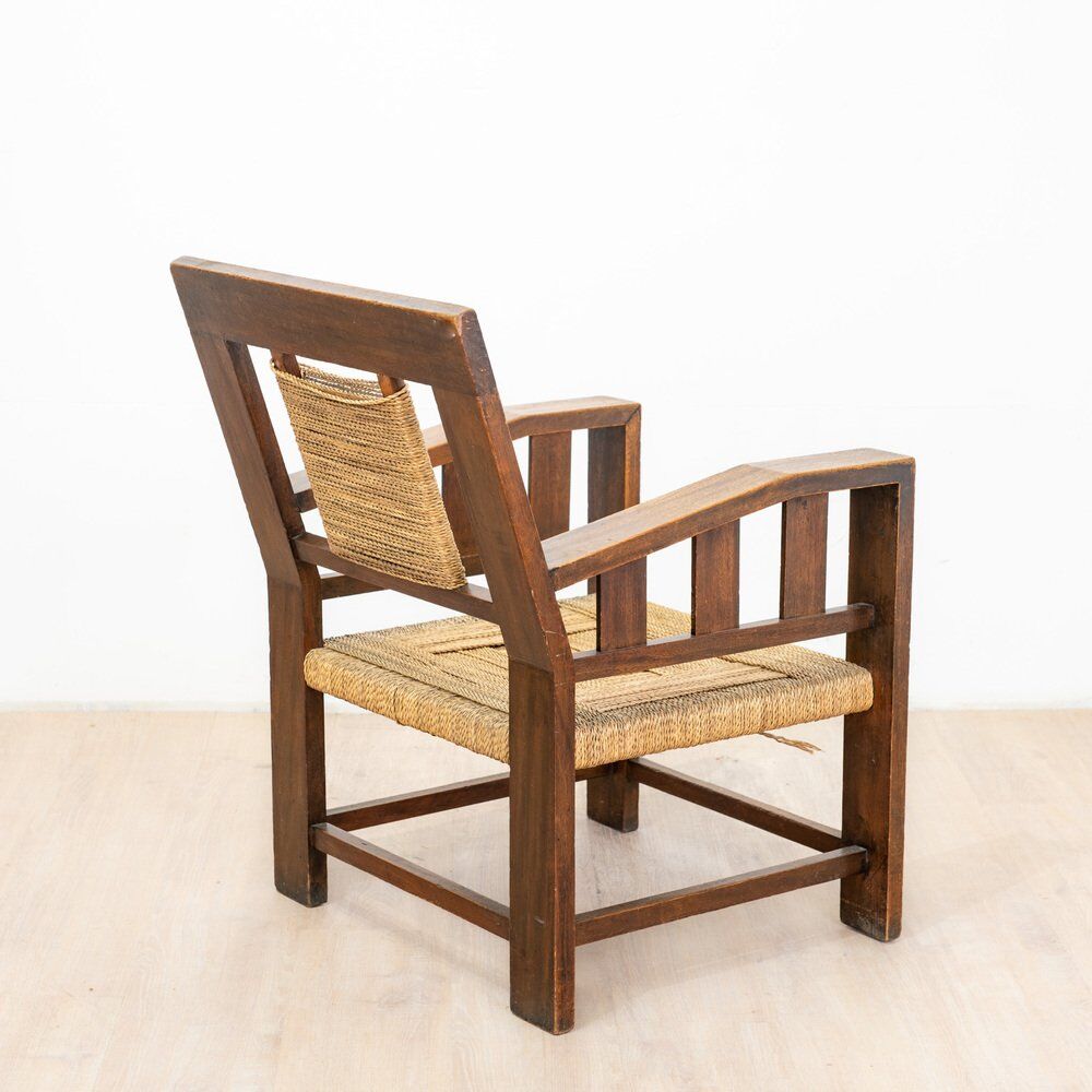Neo-Basque sculpted armchairs in straw and oak, 1940s, set of 3