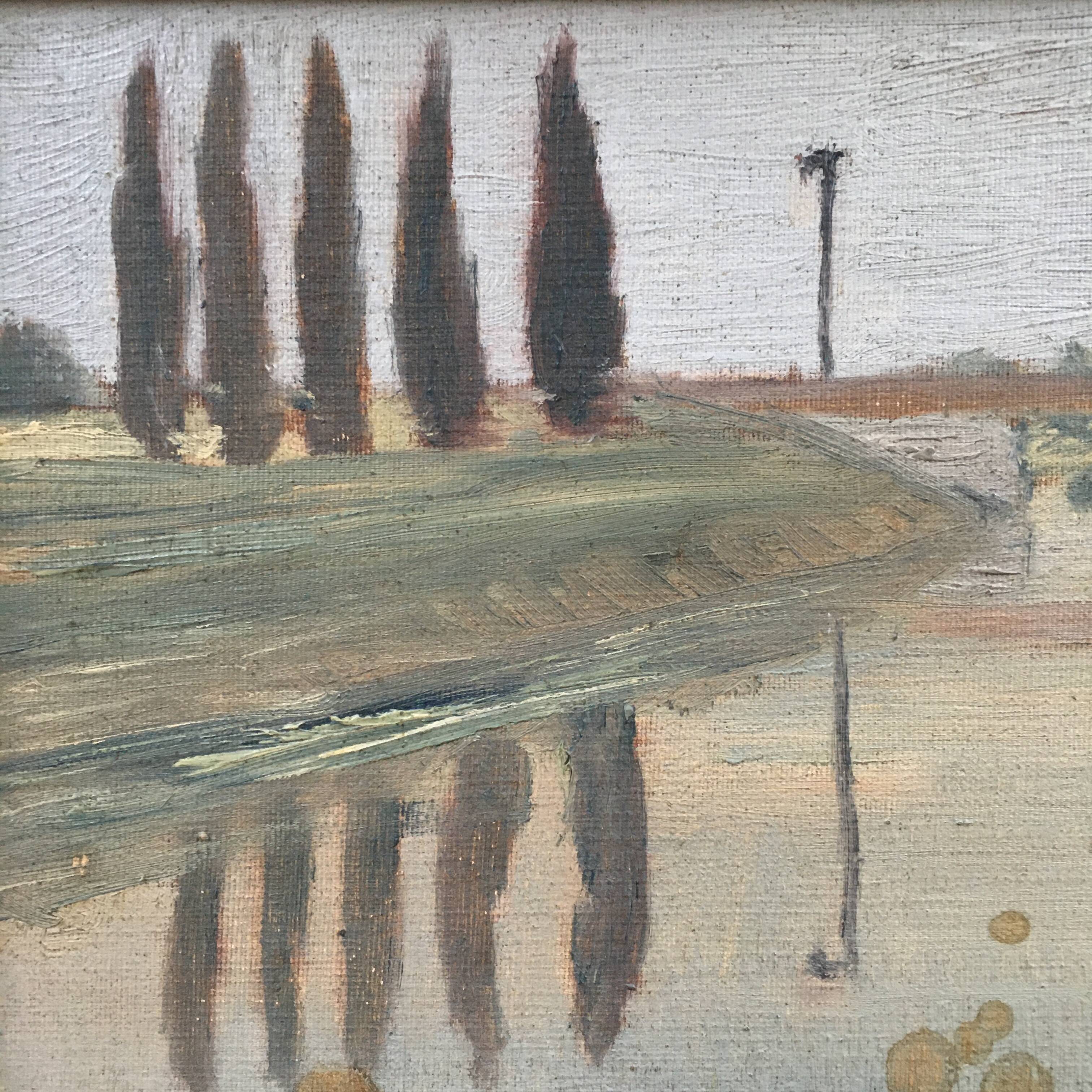 River landscape painting with cypresses