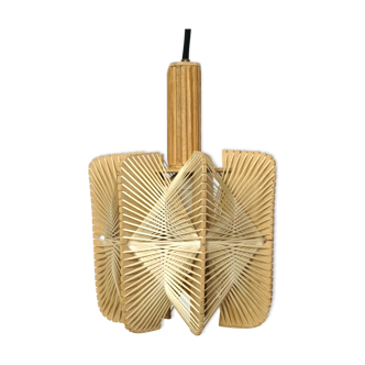 Hanging lamp in wood and threads of the 70