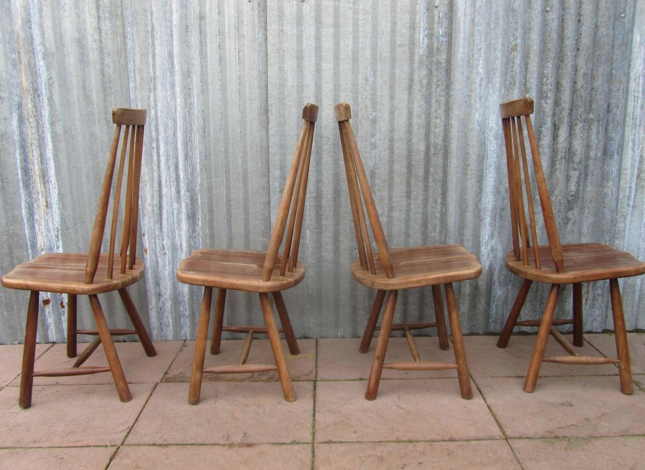 Scandinavian solid wooden high back spindle chairs, set of 4