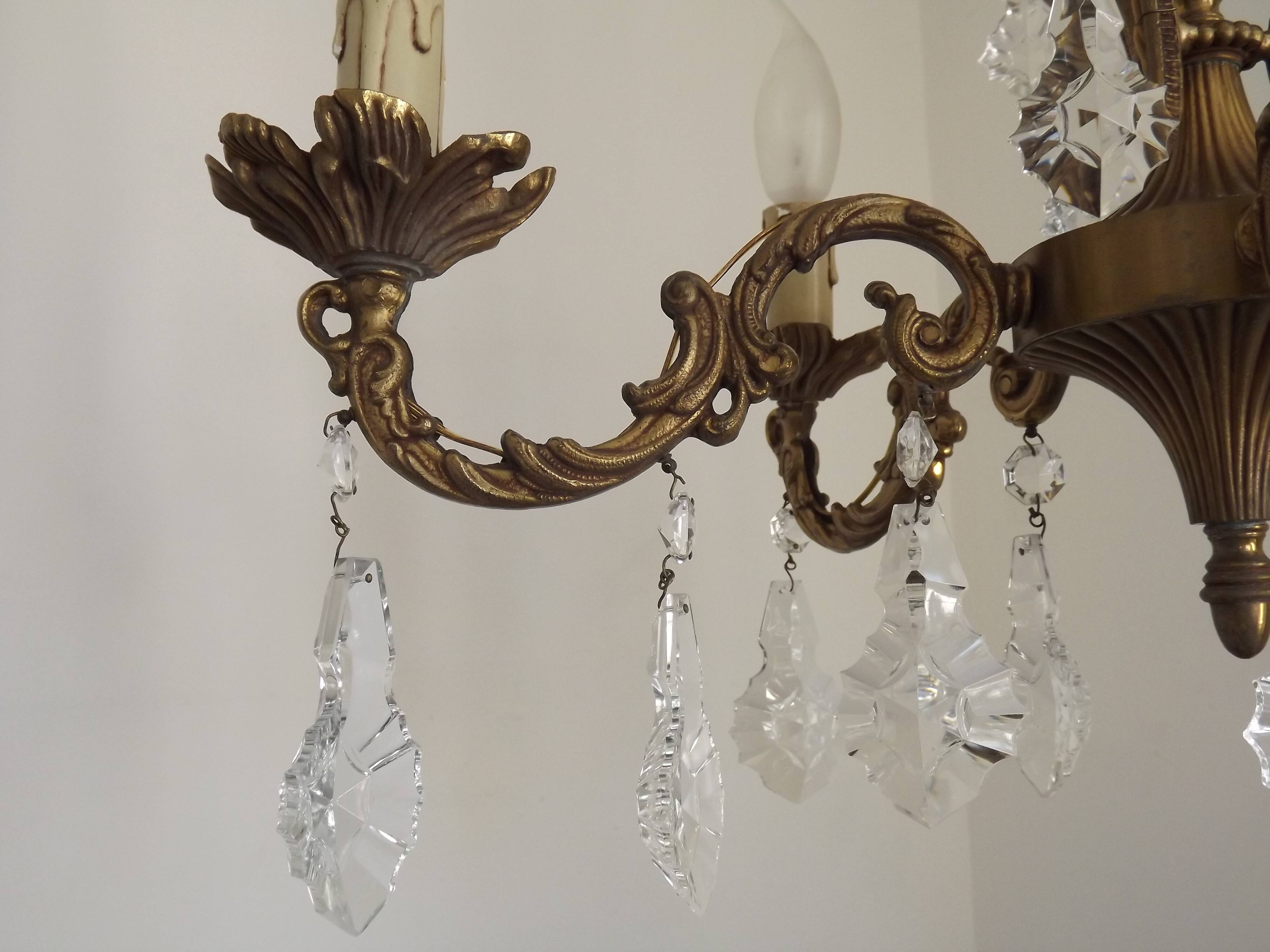 French Art Nouveau 5-Light Bronze 3 sided Crystal Cage Chandelier