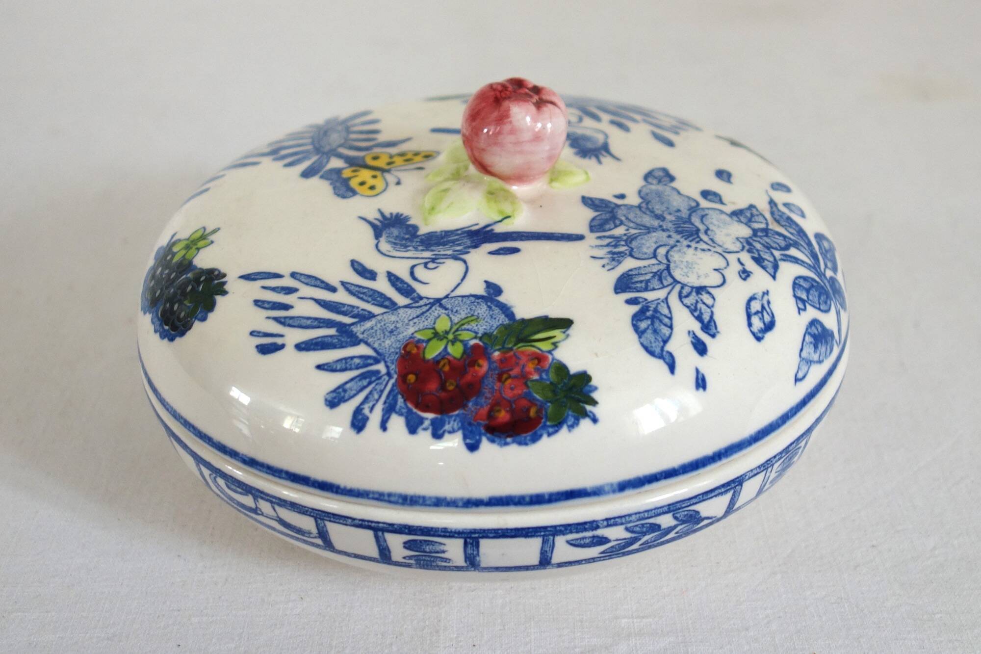 Gien earthenware candy box, vintage Blue Bird model