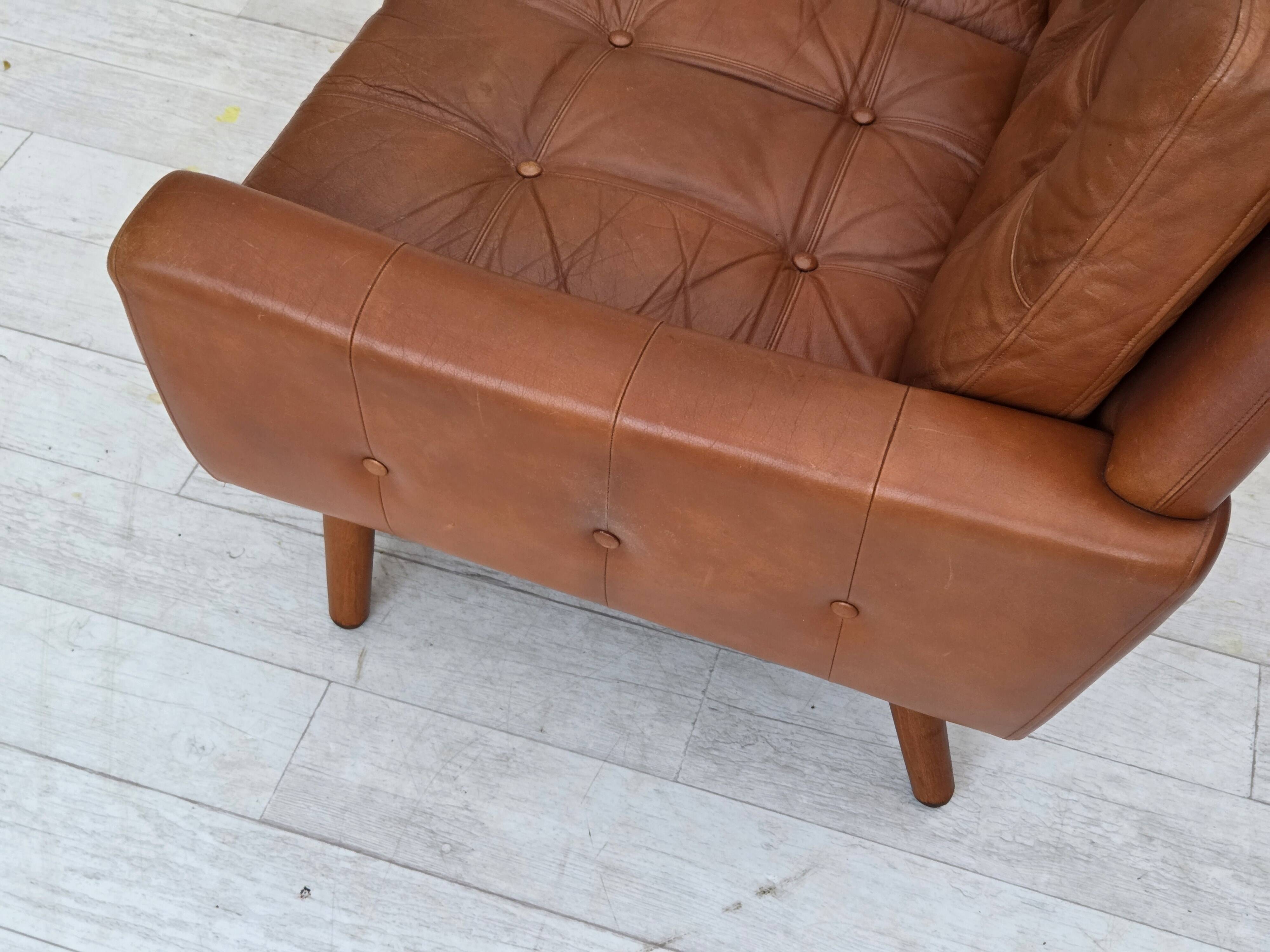 1970s, 3-seater Danish sofa, brown furniture leather with patina.
