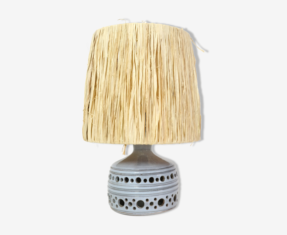 Lampe en céramique bleue et son abat-jour raphia