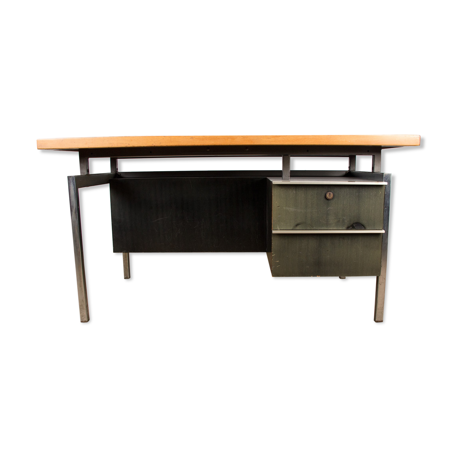 Large industrial office, double-sided, beech tray, Aluminium and tinted wood 1970.