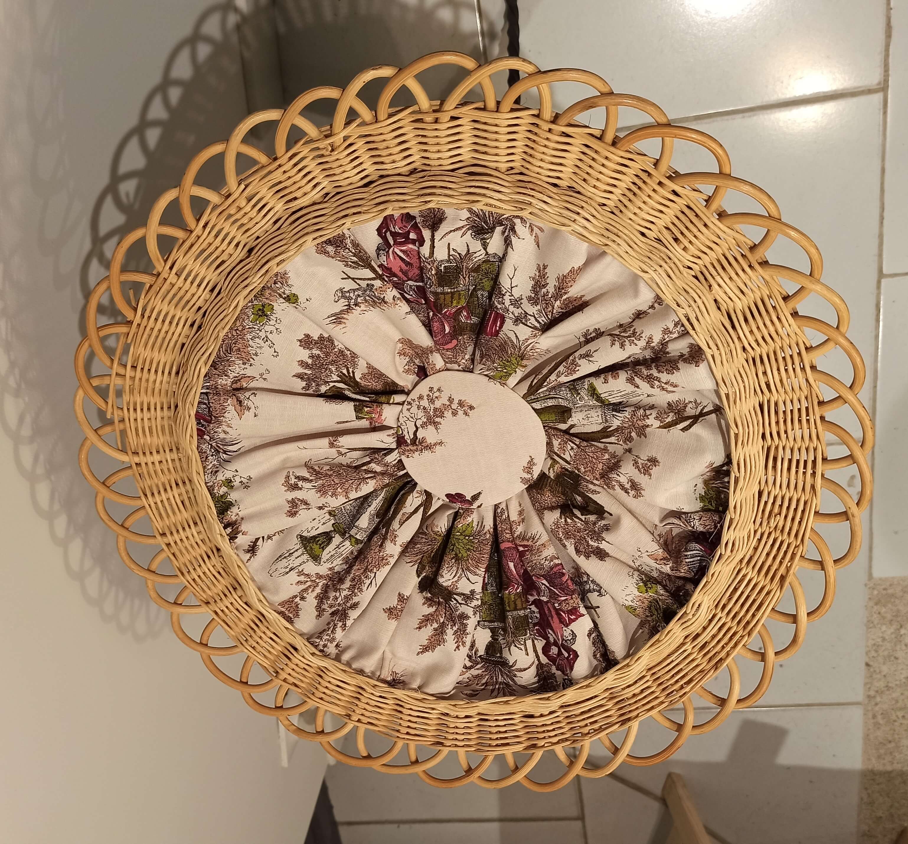 Vintage black metal tripod worker basket and wicker lid