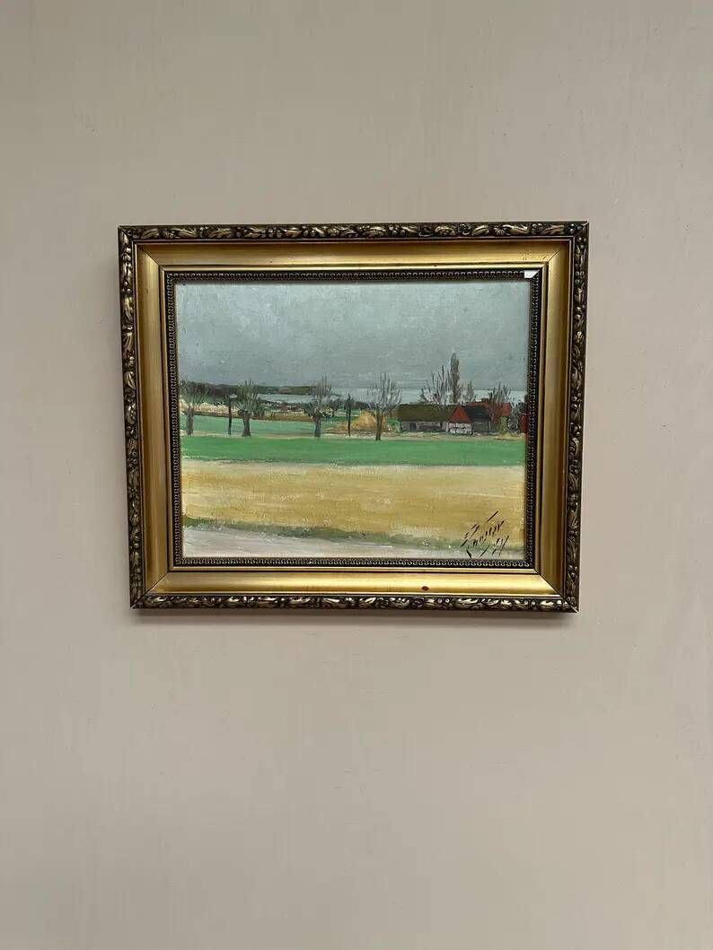 Original Swedish Oil on Panel – “Red Cottages” by Unknown Artist– Signed – Vintage & Framed – 48 × 40 cm (18.8" × 15.7")