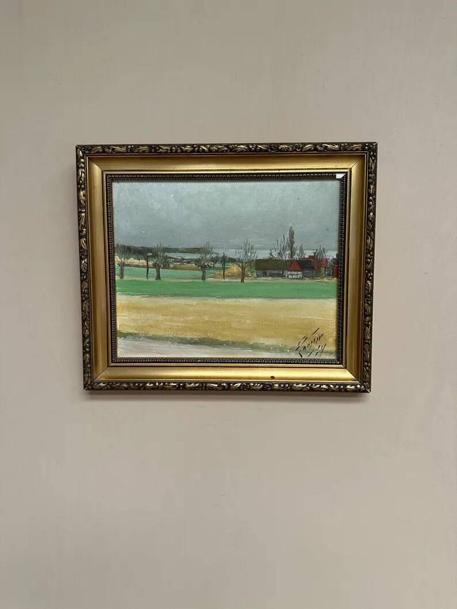 Original Swedish Oil on Panel – “Red Cottages” by Unknown Artist– Signed – Vintage & Framed – 48 × 40 cm (18.8" × 15.7")