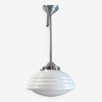 Bauhaus pendant light in chrome metal and opaline globe - 1950s