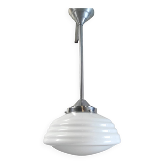 Bauhaus pendant light in chrome metal and opaline globe - 1950s