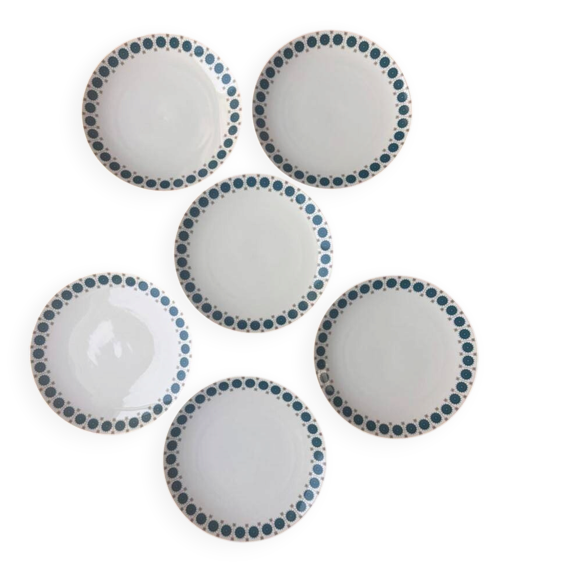 Vintage Thomas Germany flat plates, geometric blue rosette design.