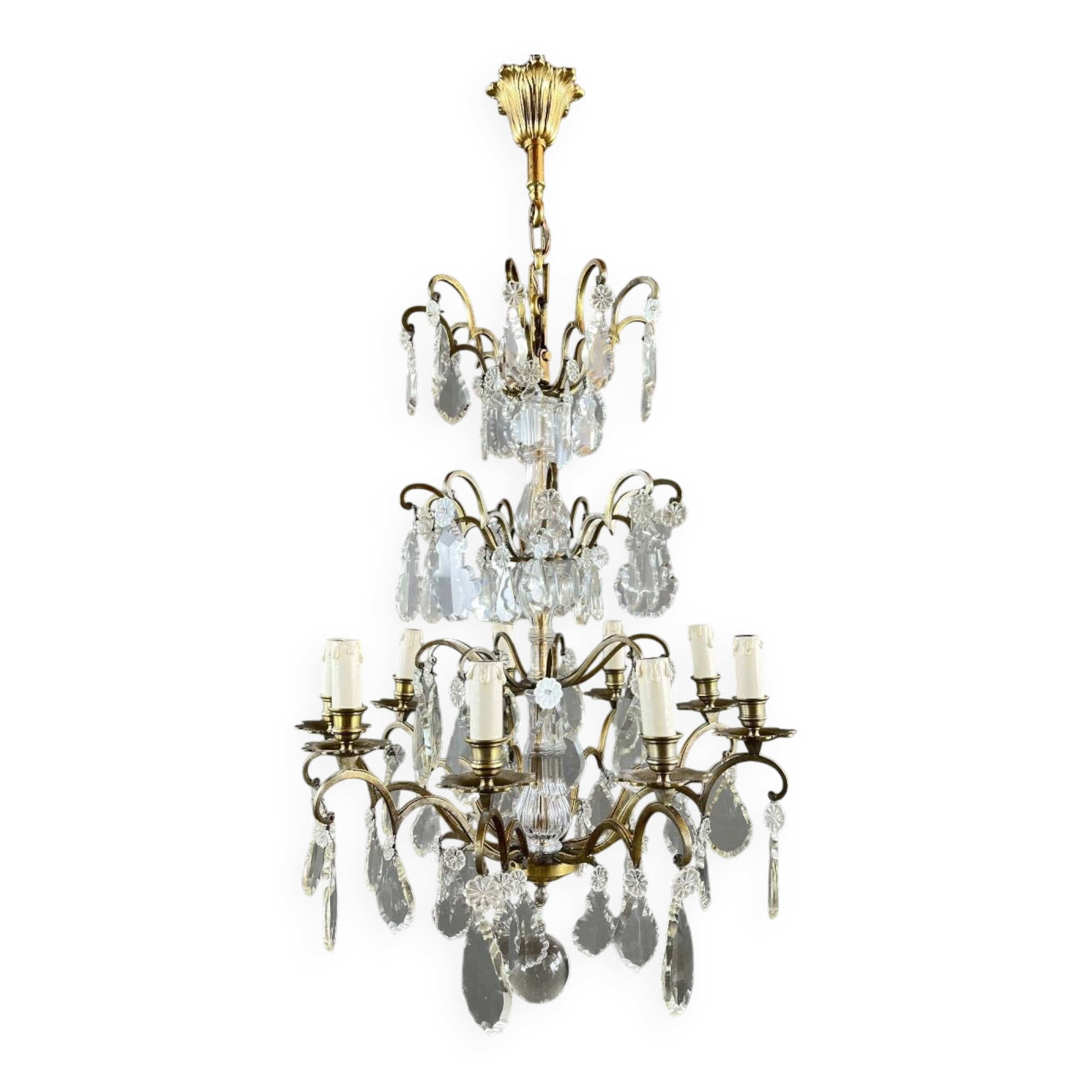 Bronze, brass and crystal chandelier, early 20th century.