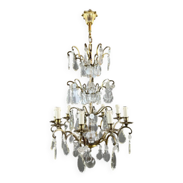 Lustre en bronze, laiton et cristal, début XXe siècle