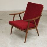 Pair of burgundy boomerang armchairs Antonin Suman Ton Bystrice (Thonet)