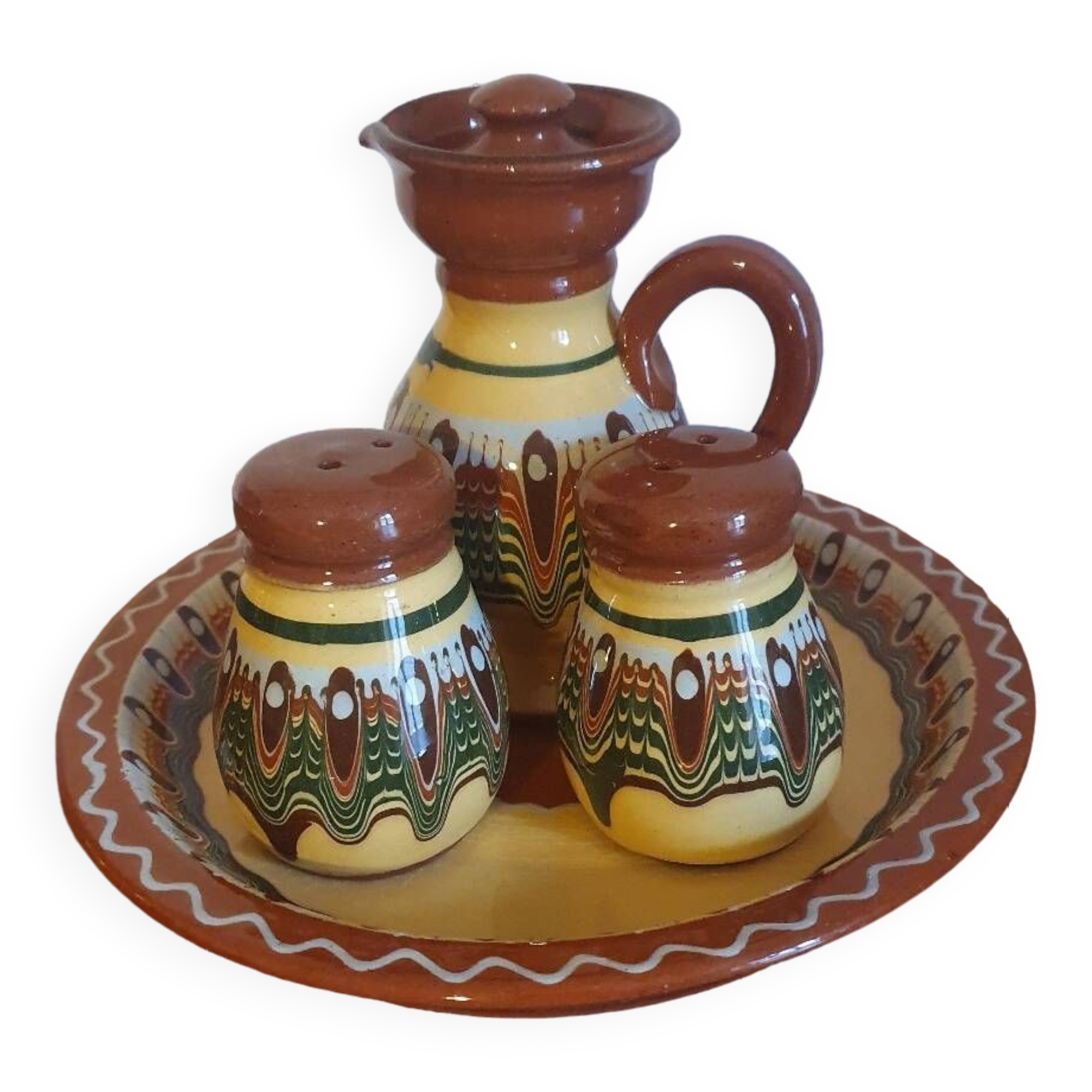 Salt pepper vinegar condiment service in vintage Bulgarian enameled pottery