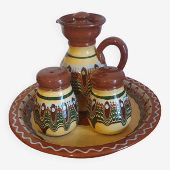 Salt pepper vinegar condiment service in vintage Bulgarian enameled pottery