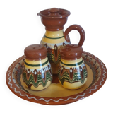 Salt pepper vinegar condiment service in vintage Bulgarian enameled pottery