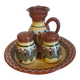 Salt pepper vinegar condiment service in vintage Bulgarian enameled pottery
