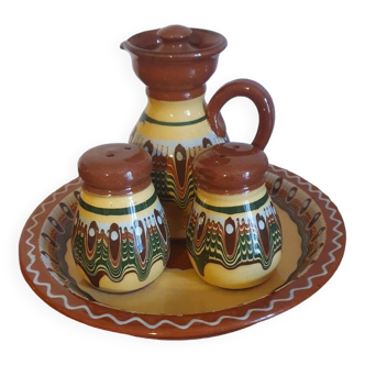 Salt pepper vinegar condiment service in vintage Bulgarian enameled pottery