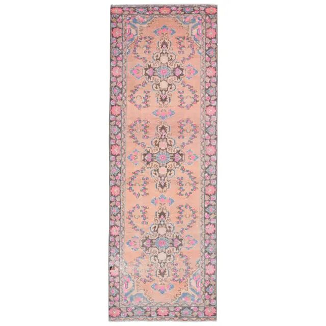 1970s Vintage Turkish Oushak Handmade Wool Cotton Pink Runner Rug 103x302