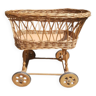 Doll cradle in vintage rattan ht total 52cm