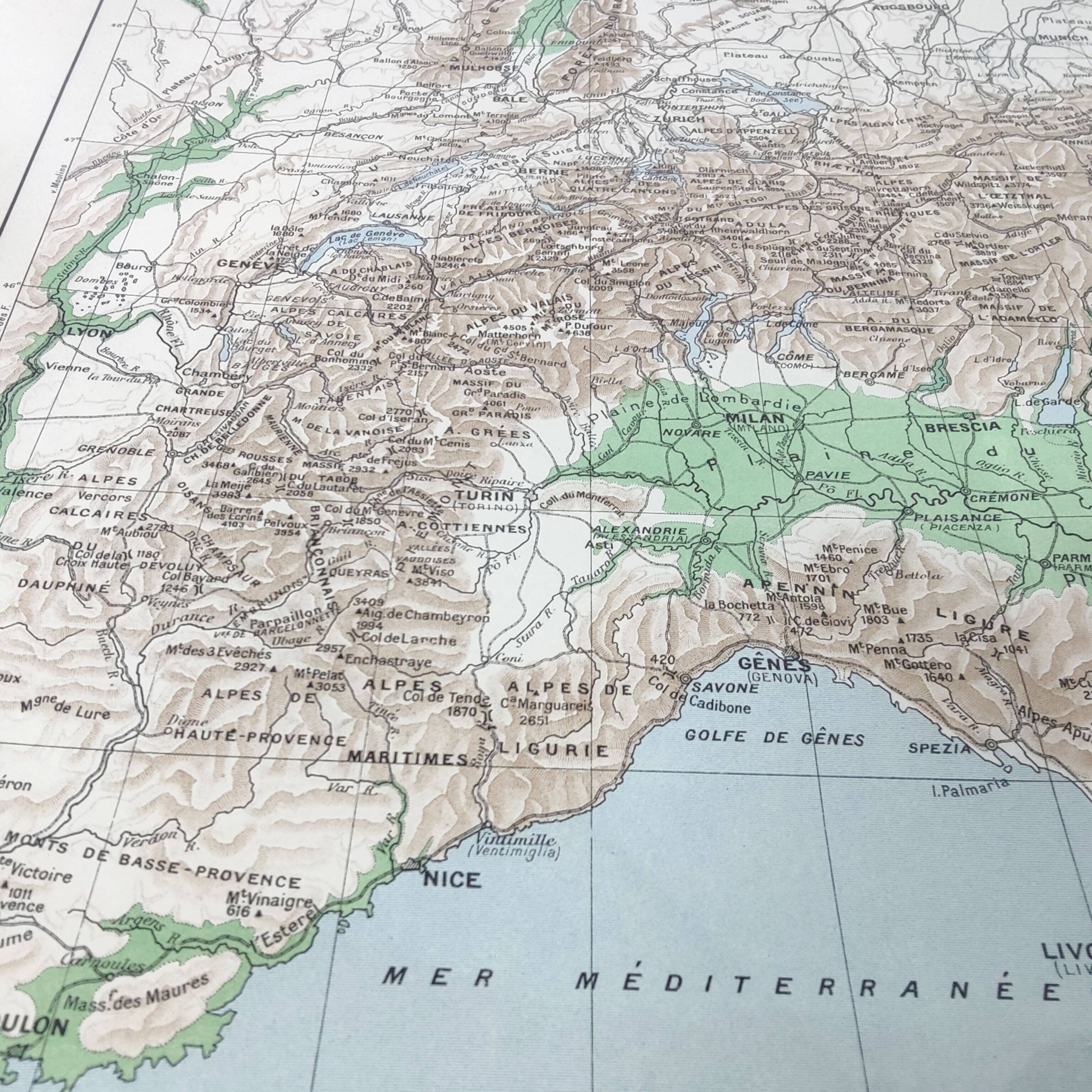 Vintage Europe Alps mountains map from 1950