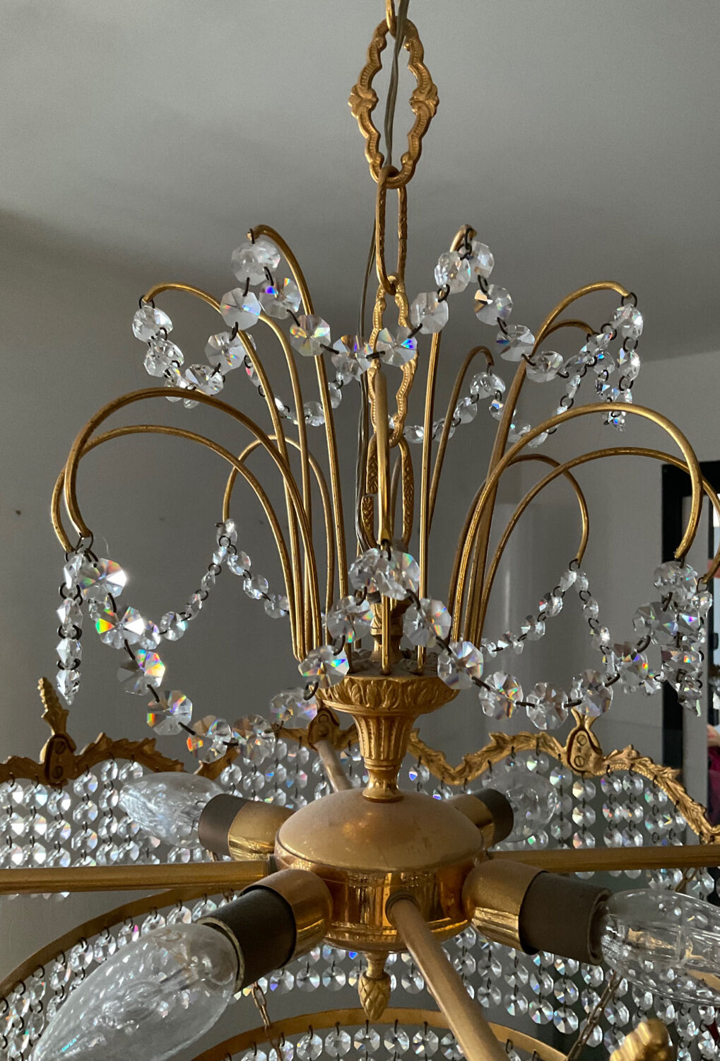 Waterfall chandelier in gilded bronze and crystal tassels