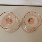 Pair of pink rosaline swirl glass fruit bowls