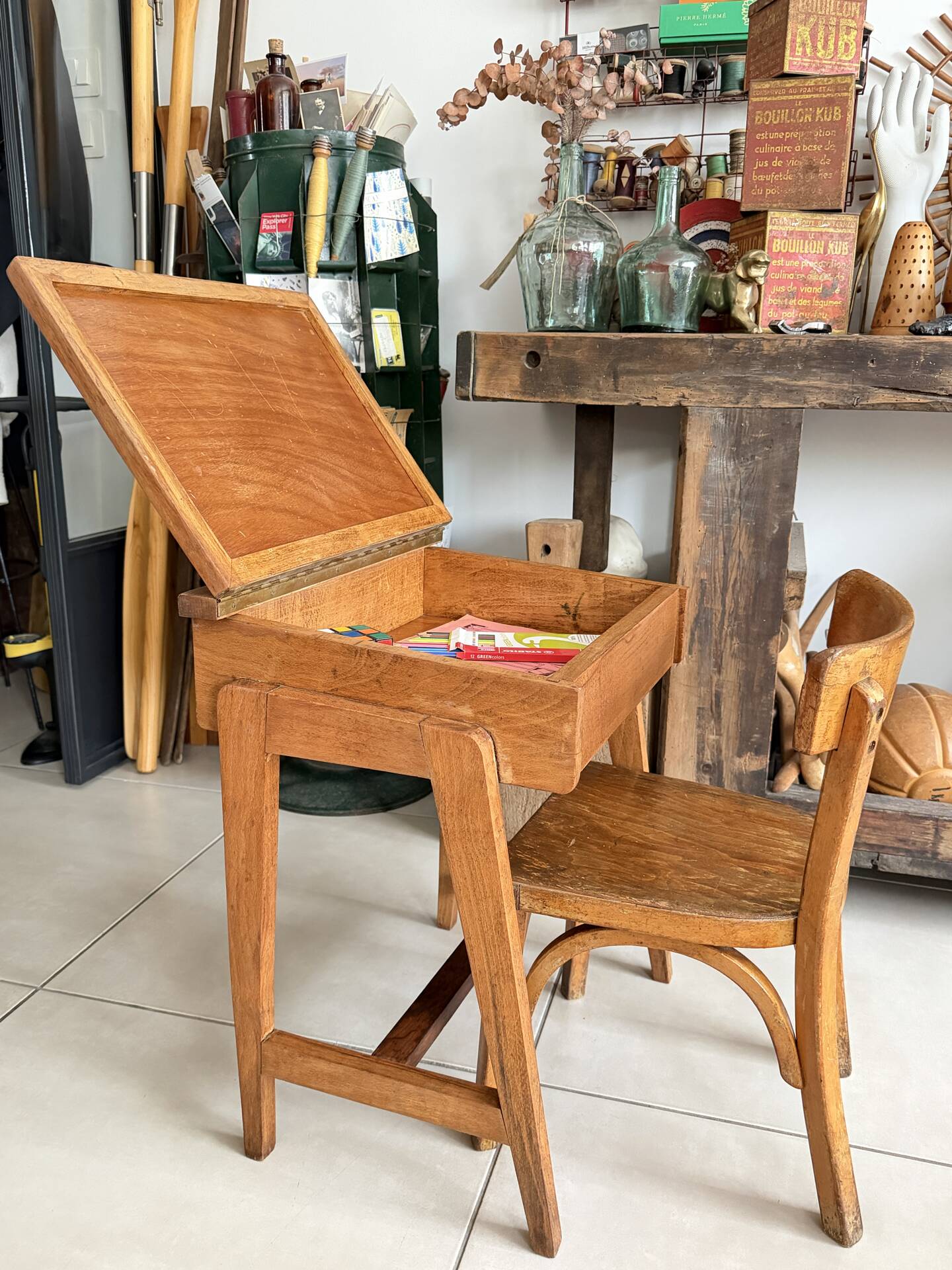 School desk and chair set stamped Baumann