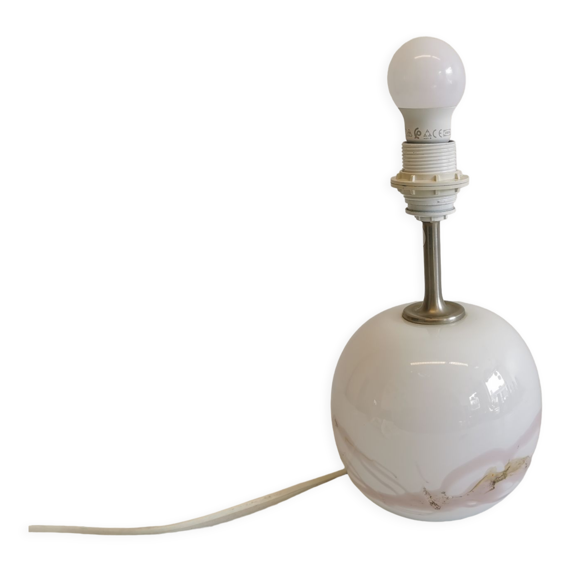 Table lamp in white opal glass, with pink details/decoration