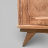 Vintage wardrobe with compass legs in raw wood, sliding doors, 1960s