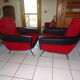 Armchairs skai black and red fabric vintage 70