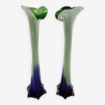 Paire vintage de vases en verre de Murano avec boîtier vert et bleu, Italie