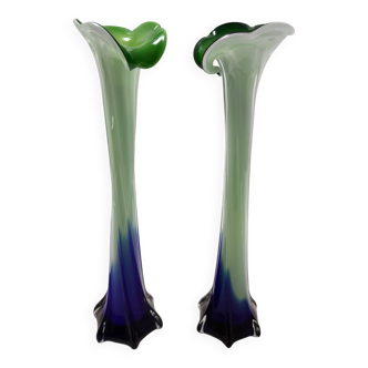 Vintage Pair of Green and Blue Encased Murano Glass Vases, Italy