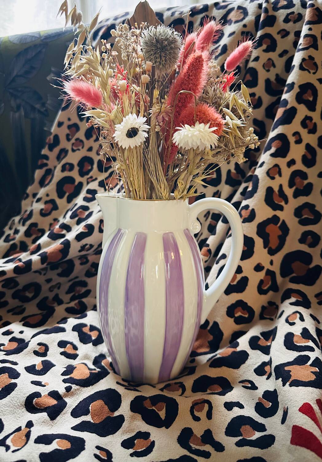 Purple striped teapot with lid strainer