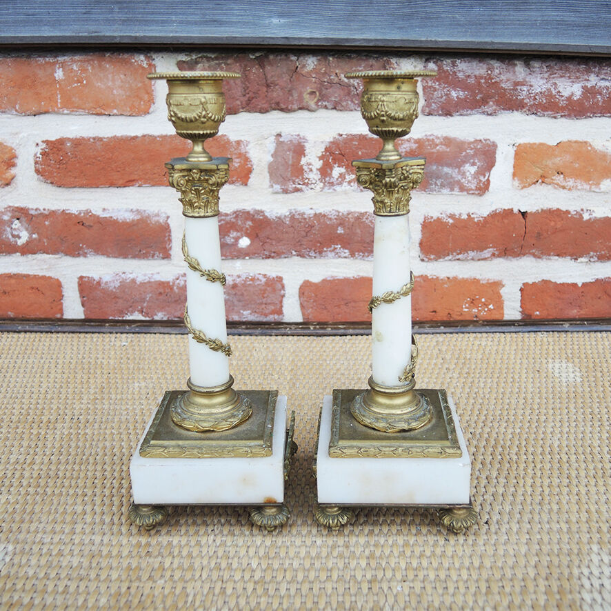 2 antique column candle holders in white marble and brass