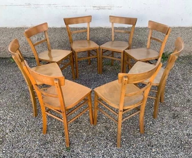 Set of 8 old light wood bistro chairs years 1957 stamps