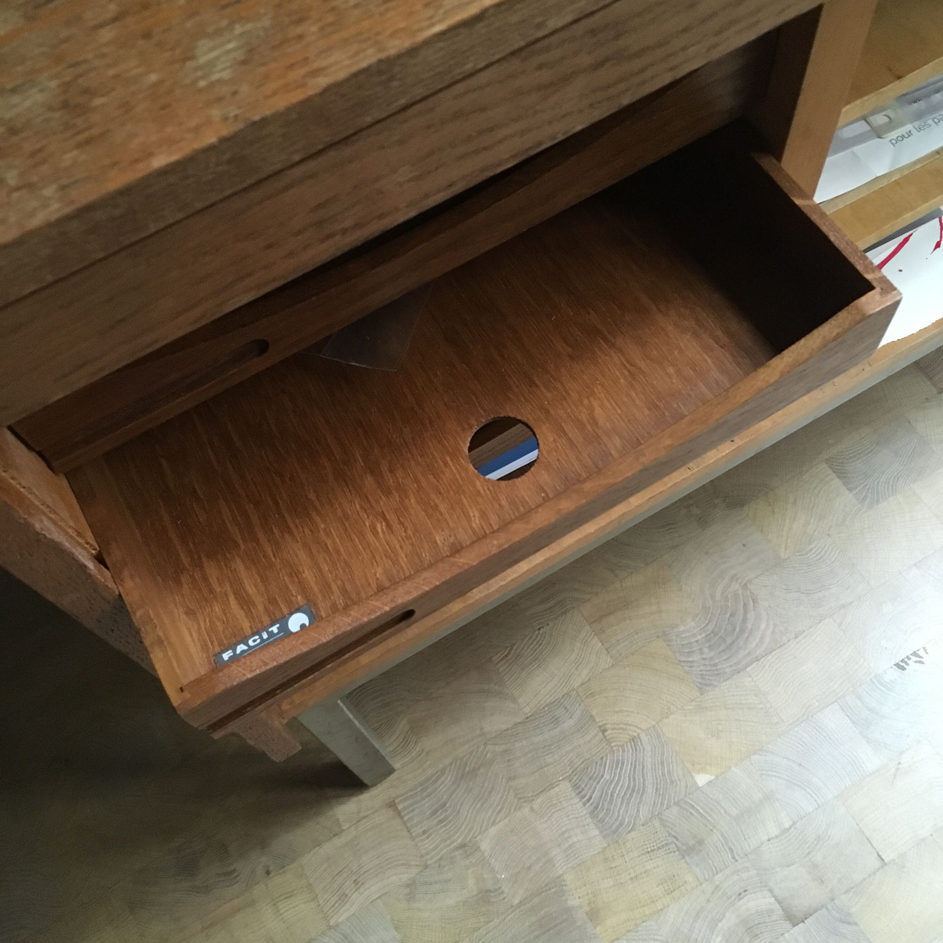 Vintage Scandinavian wood roller cabinet brand Facit