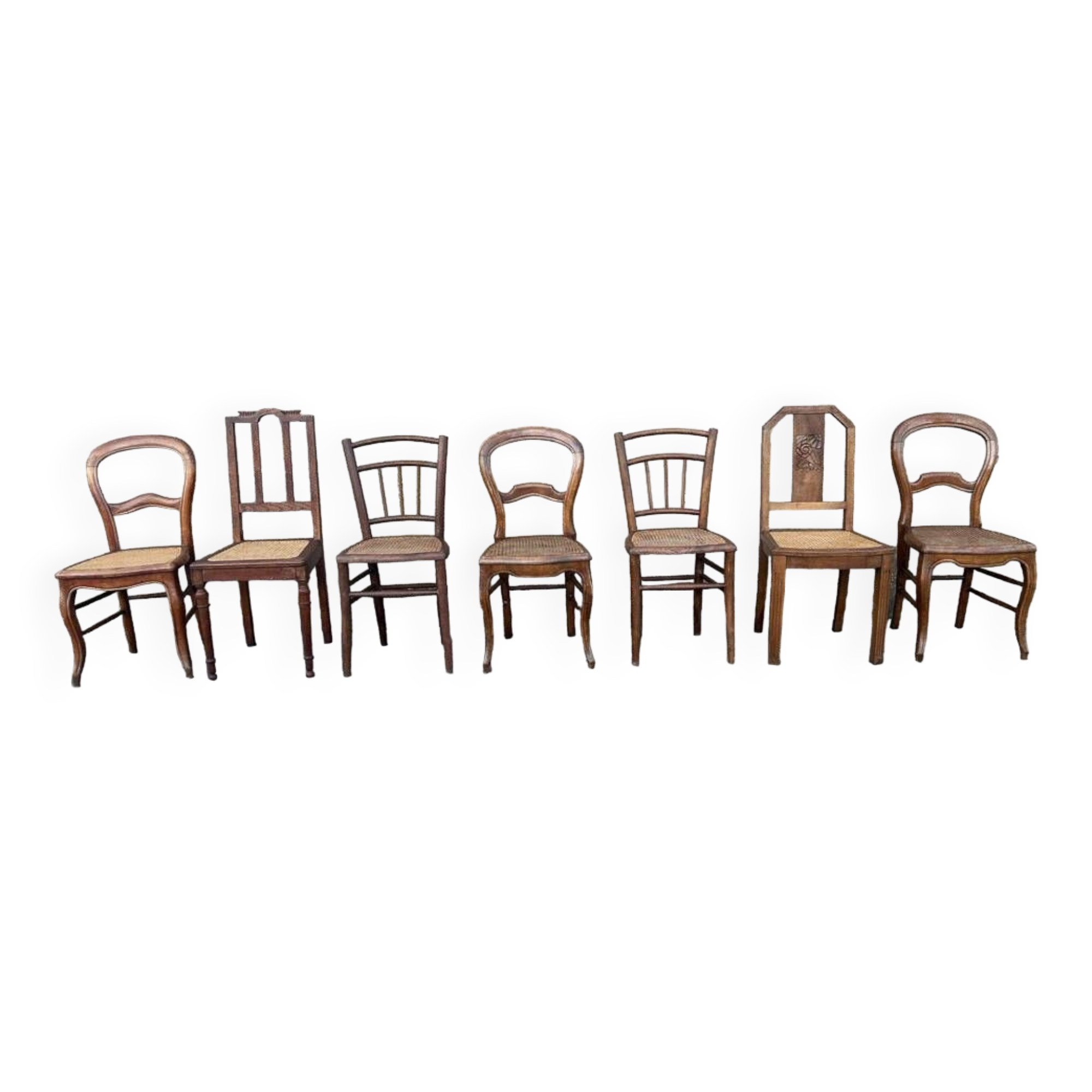 Ensemble de 7 chaises bois et cannage, vintage