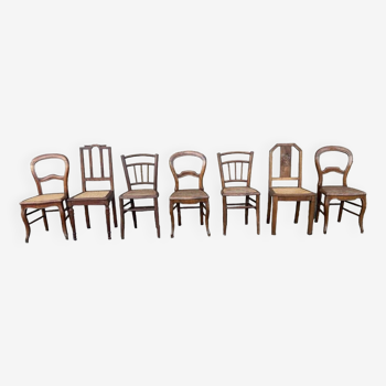 Ensemble de 7 chaises bois et cannage, vintage