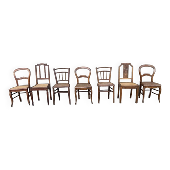 Ensemble de 7 chaises bois et cannage, vintage