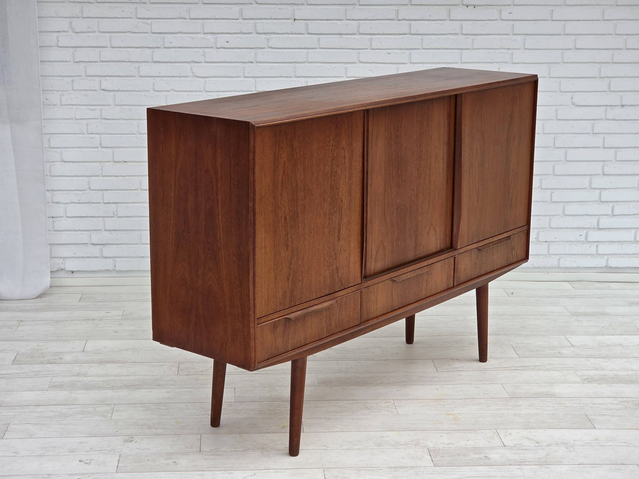 1960s, Danish chest of drawers, teak wood, mirror inside, sliding doors.