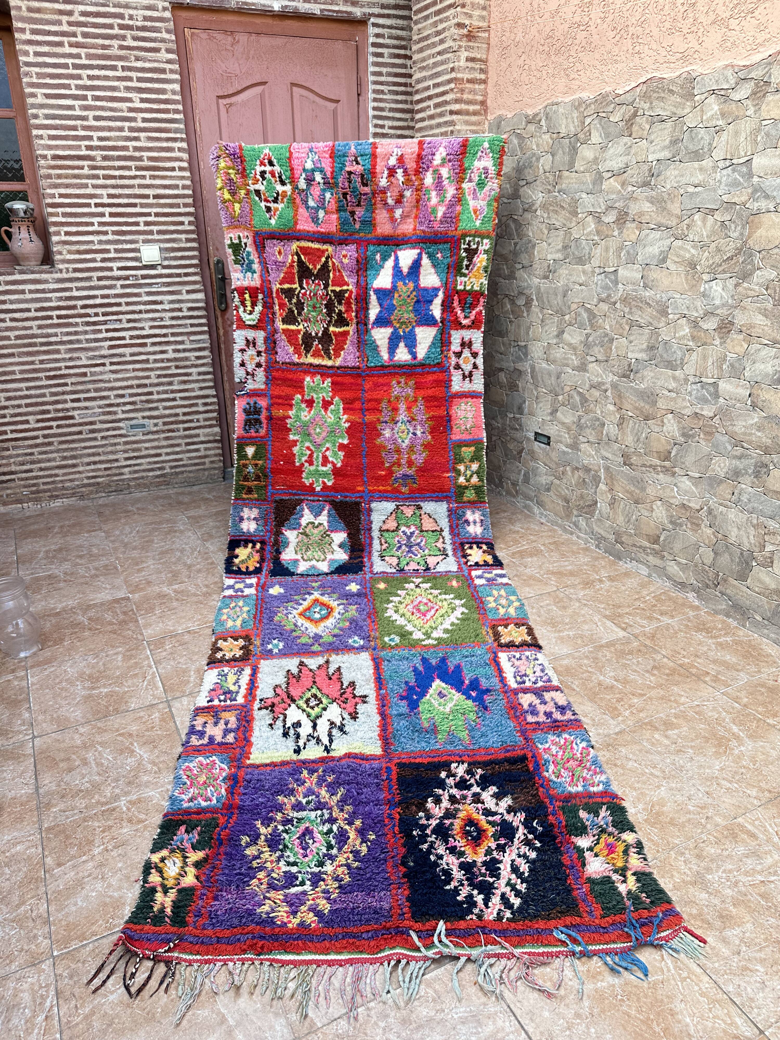Vintage Boucherouite hallway rug: handwoven Berber rug