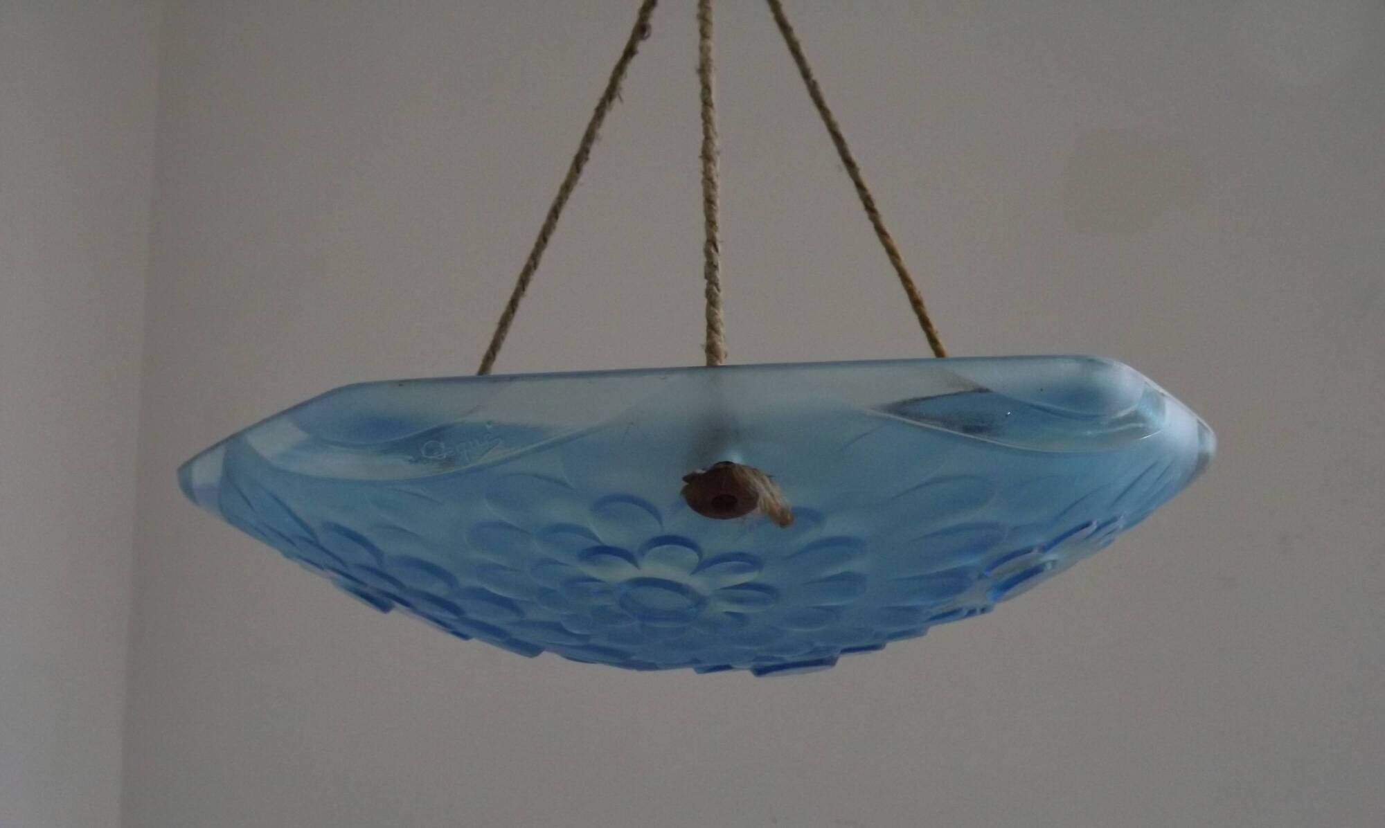 French Art Deco Degué Ice Blue Hexagonal Glass Pendant Ceiling Light