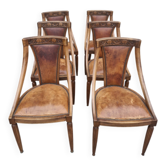 6 chaises en bois et cuir Art déco