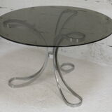 Living room table "Space Age" polished steel, circular slab smoked glass. France, circa 1970.