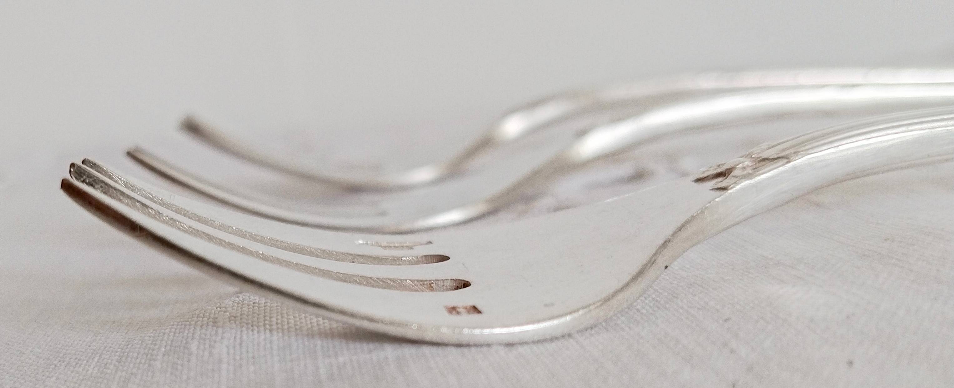 Christofle oyster or dessert forks, ribbon pattern, silver