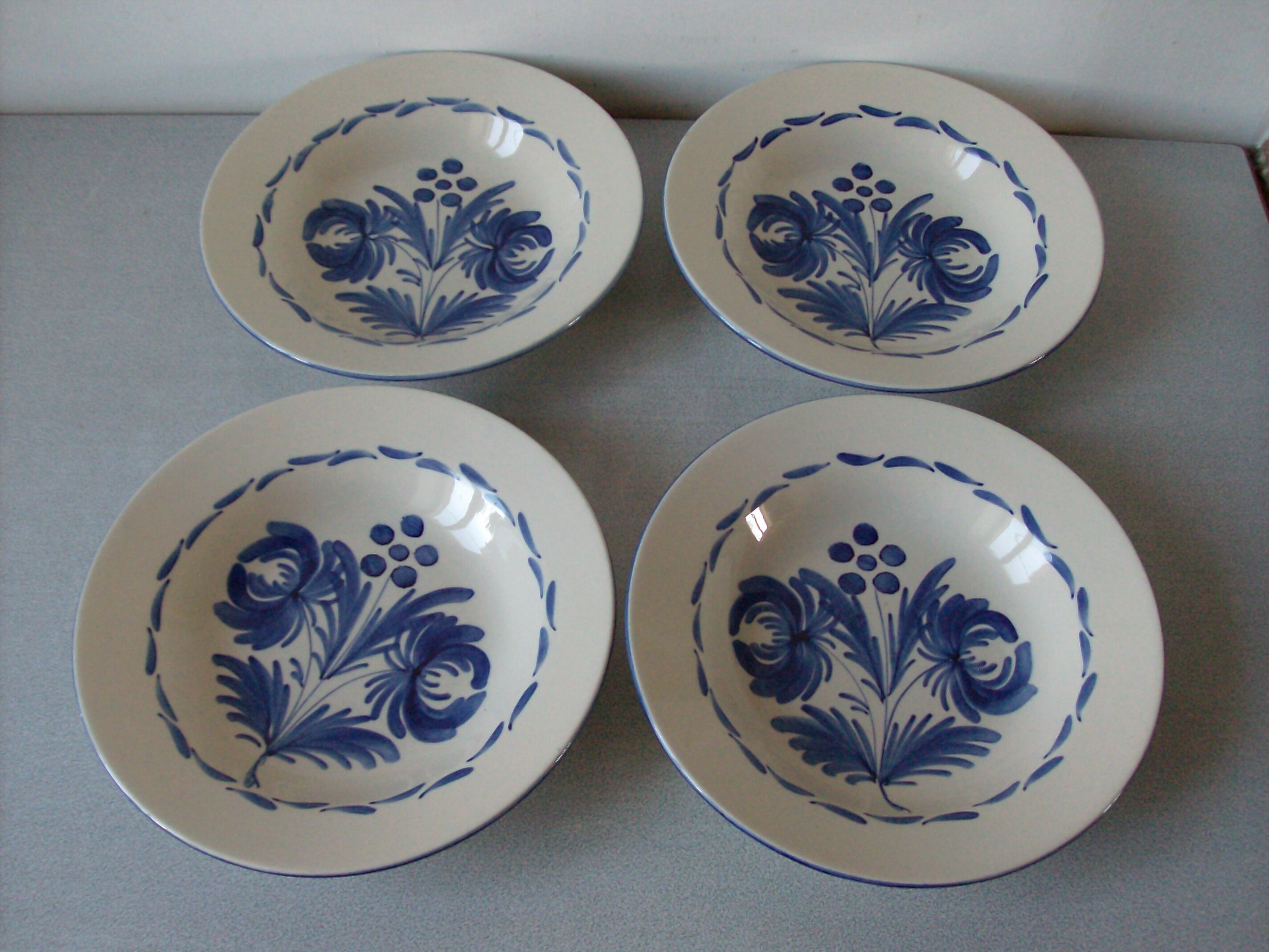 Set of 4 old hollow ceramic plates Saint Clement large blue flower